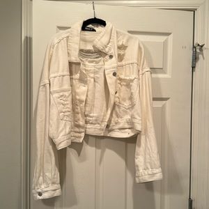 Cropped White Denim Jacket - Distressed with Rhinestone Fringe (size s/m)